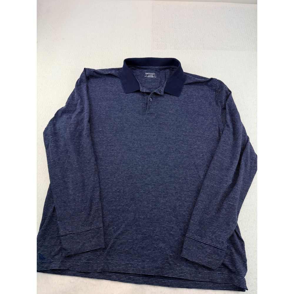 UNTUCKit Mens XL Long Sleeve Polo Shirt Navy Blue White Micro Stripe Cotton